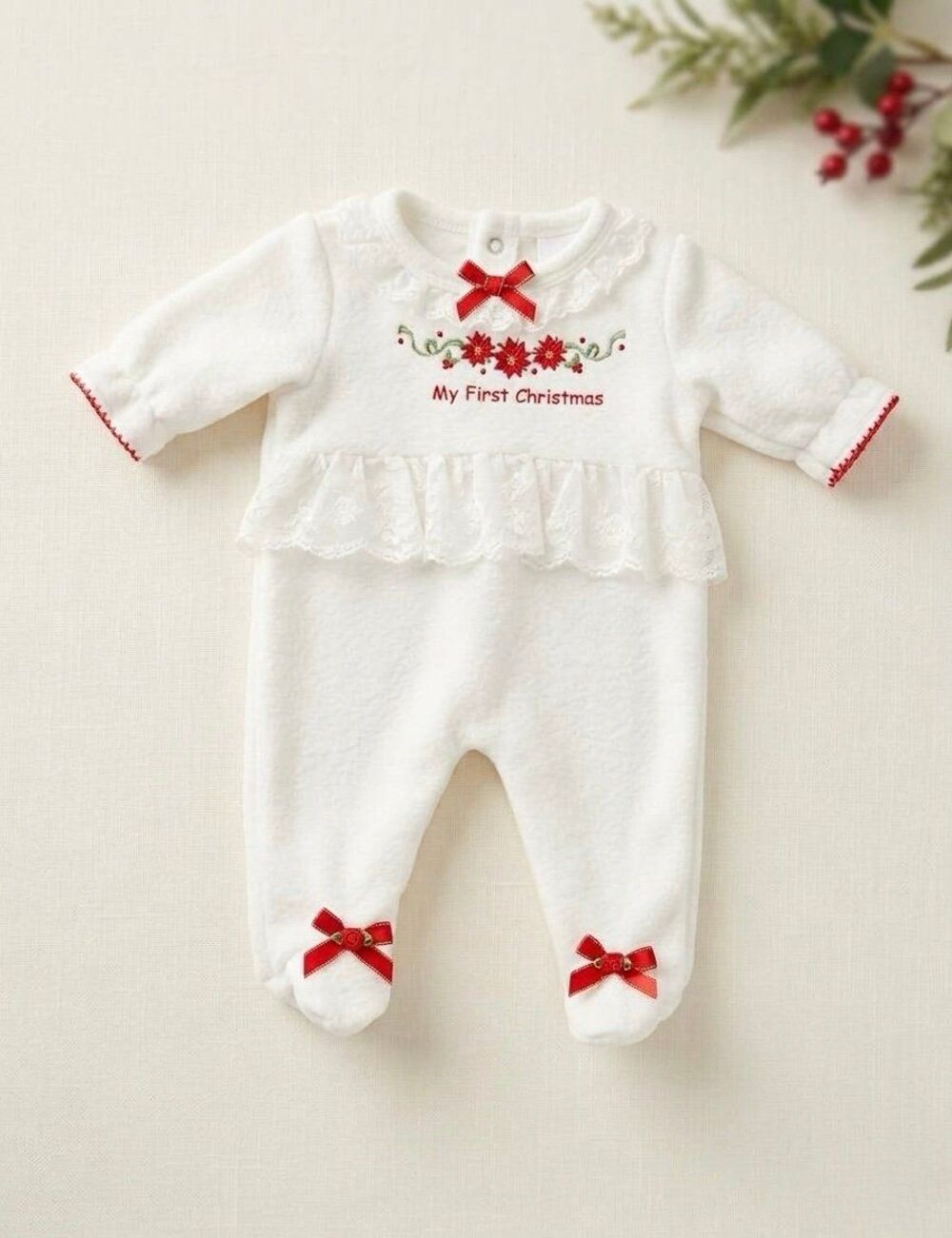 Vintage My First Christmas Preemie Sleeper Lace Ruffle Bows White Red Footie